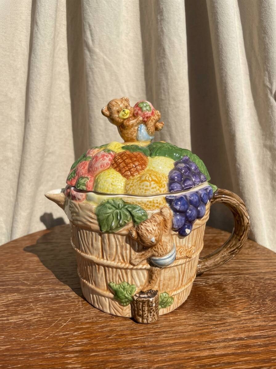 Vintage fruit and bear barbotine teapot