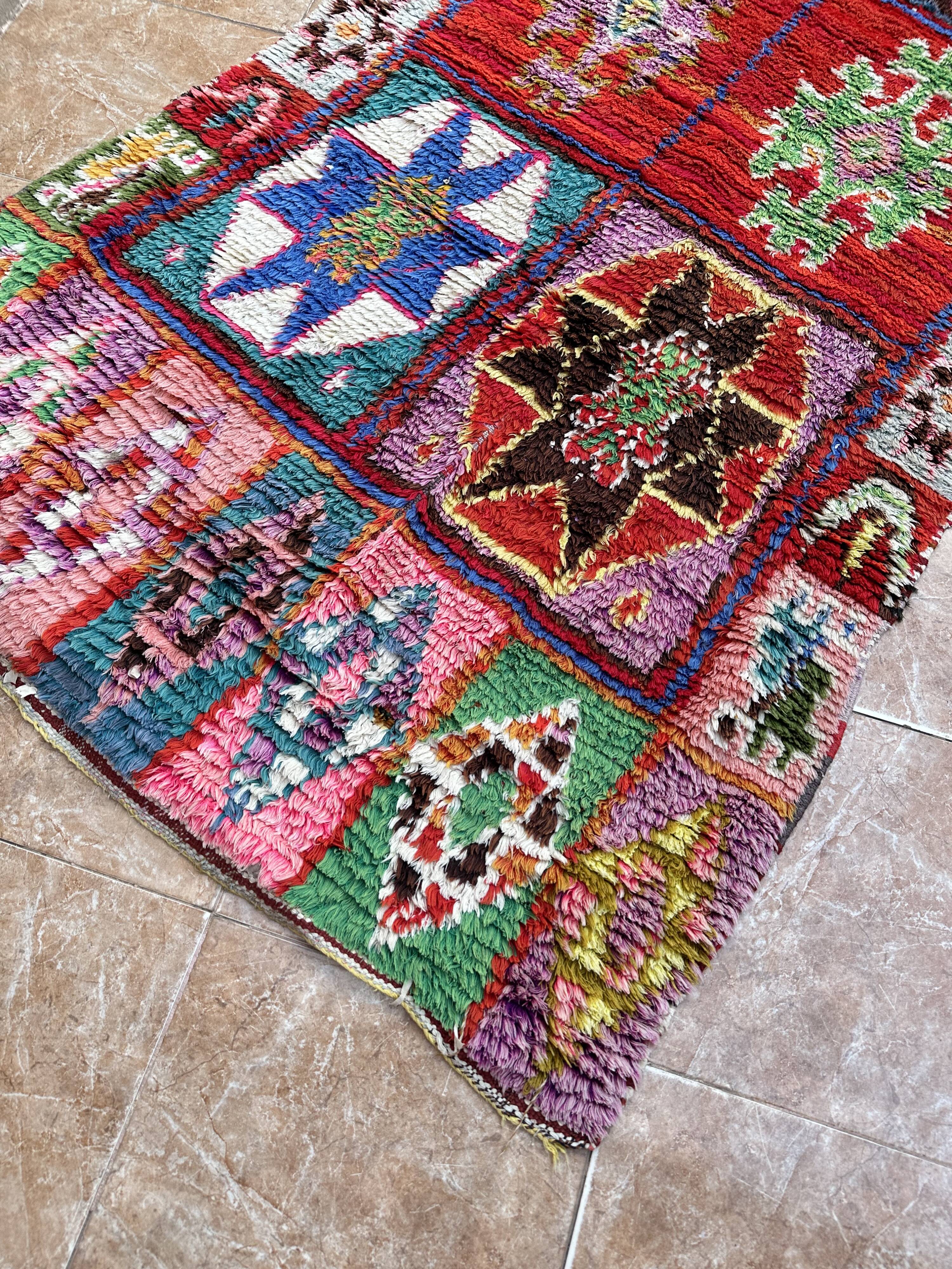Vintage Boucherouite hallway rug: handwoven Berber rug.