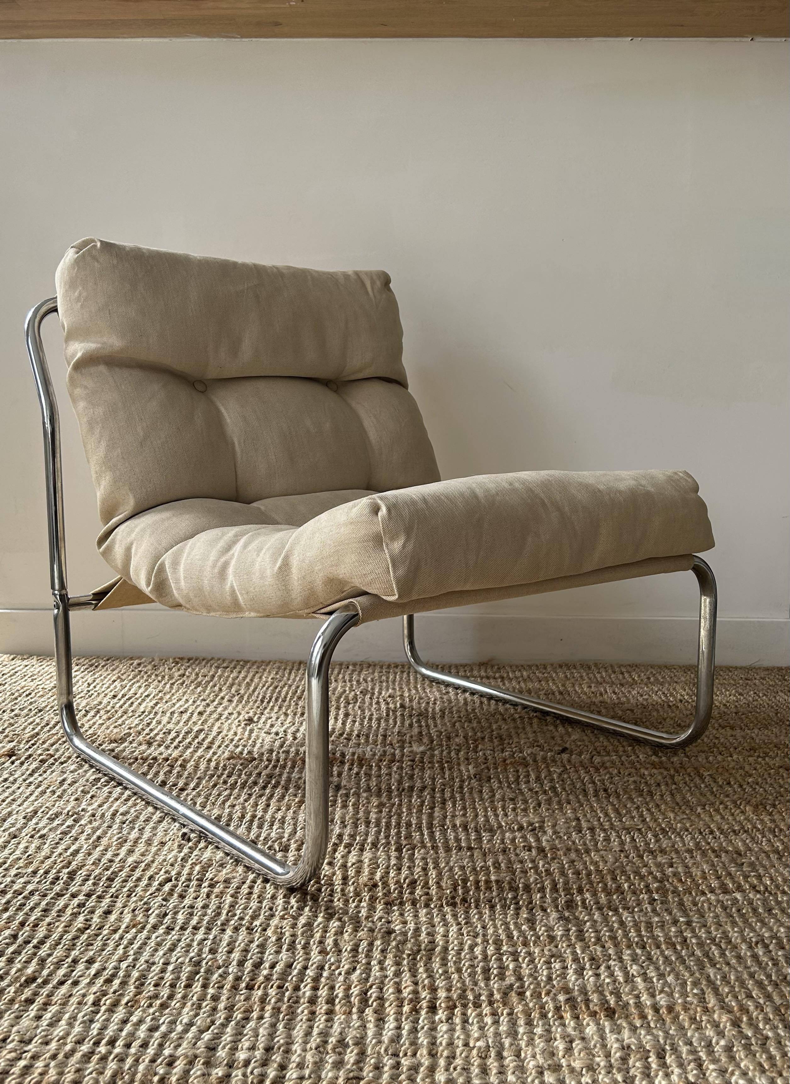 Vintage armchair Gillis Lundgren, beige and chrome canvas, Sweden 1970