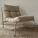 Vintage armchair Gillis Lundgren, beige and chrome canvas, Sweden 1970