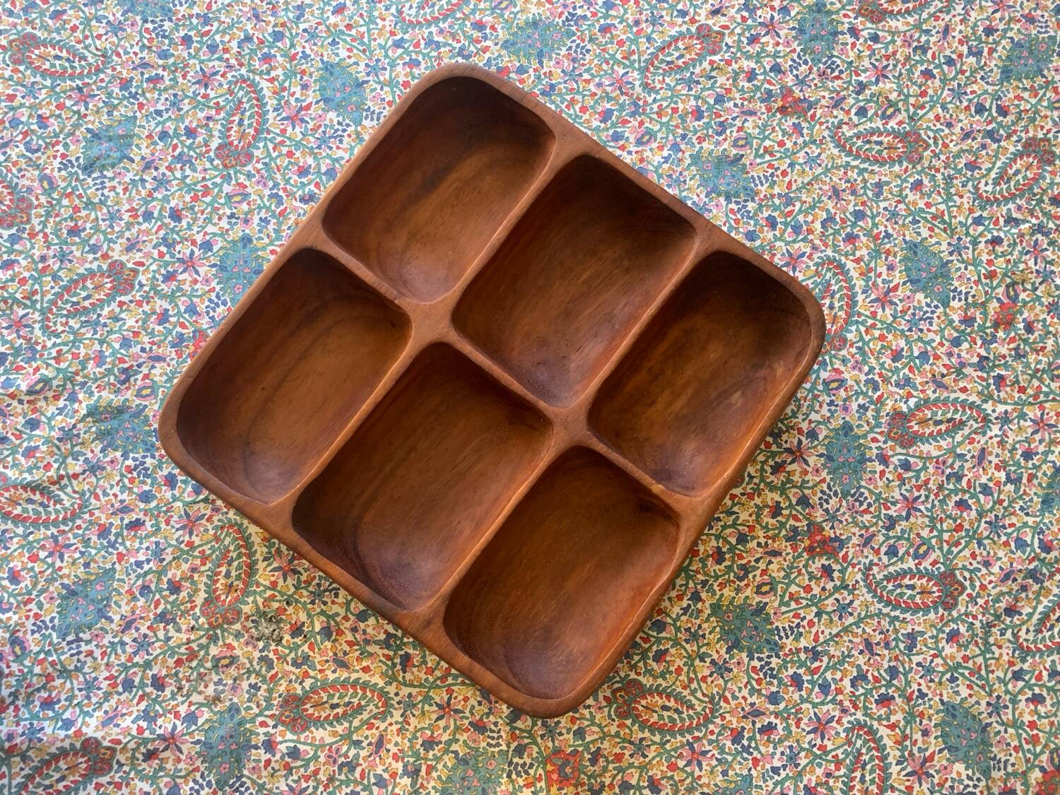 Large vintage wooden tray 6 compartments