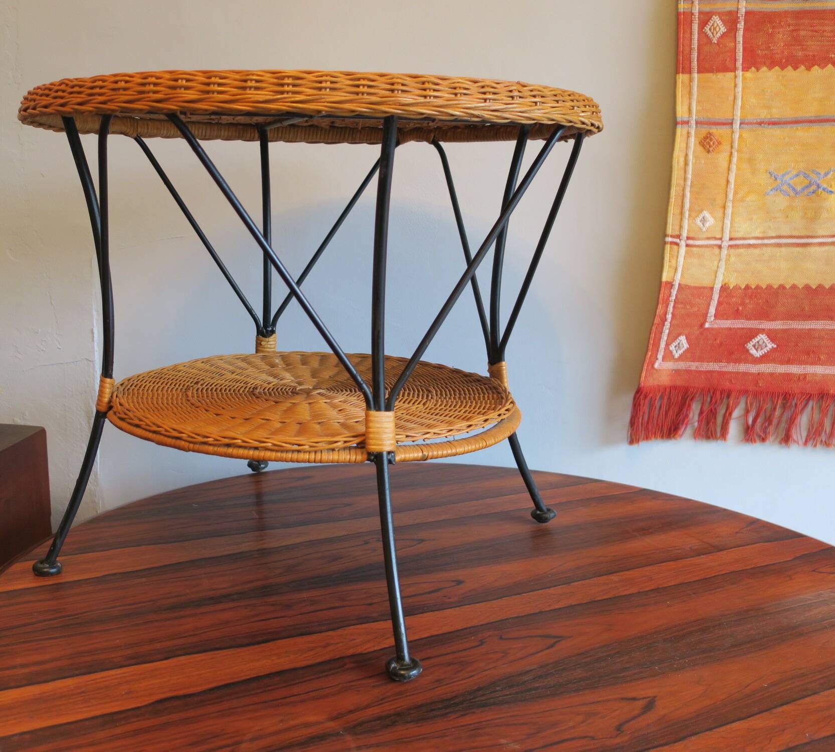 Mid century rattan and iron 2-level coffee or wine table, 1960s