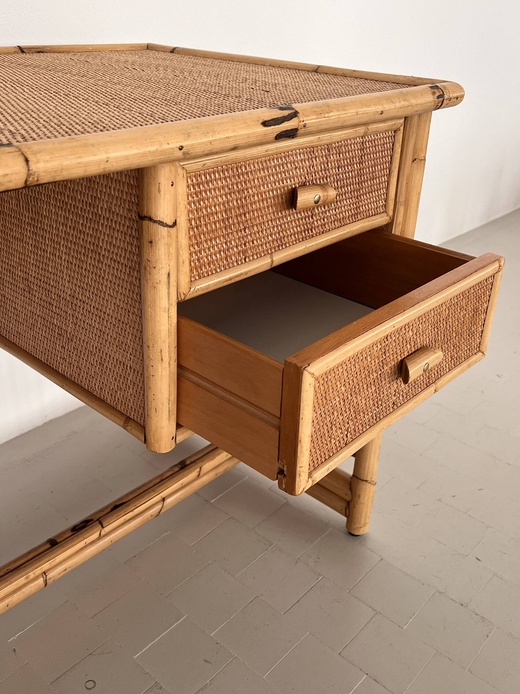Italian Bamboo and Rattan Desk or Vanity with two Drawers, 1970s