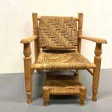 Wood and rope armchair and footrest