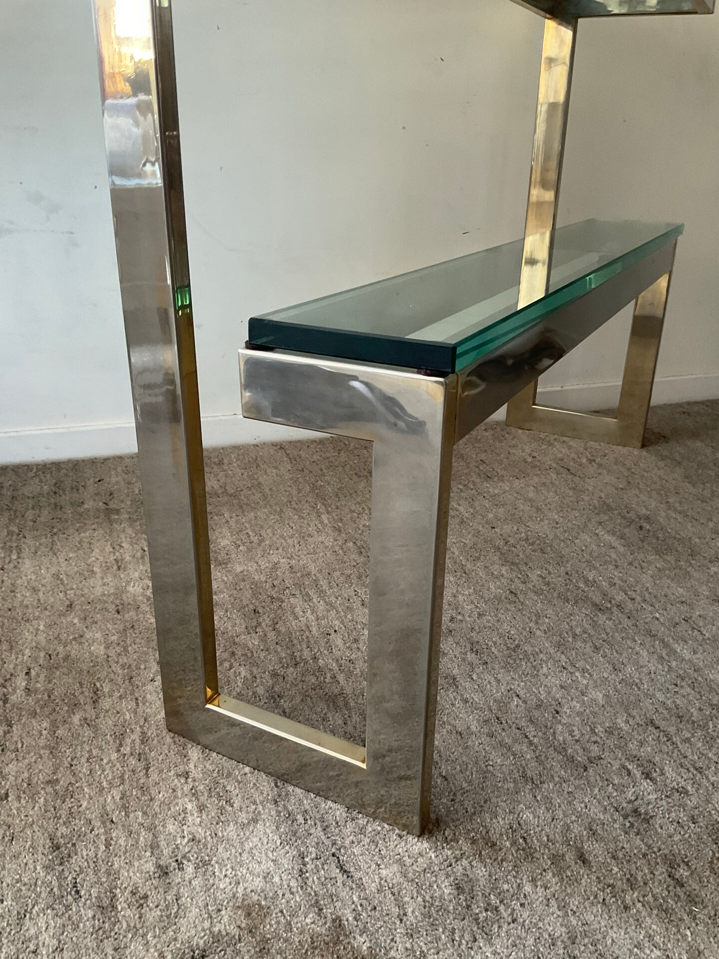 Console "G" by Belgochrom in brass and glass from the 1970s.