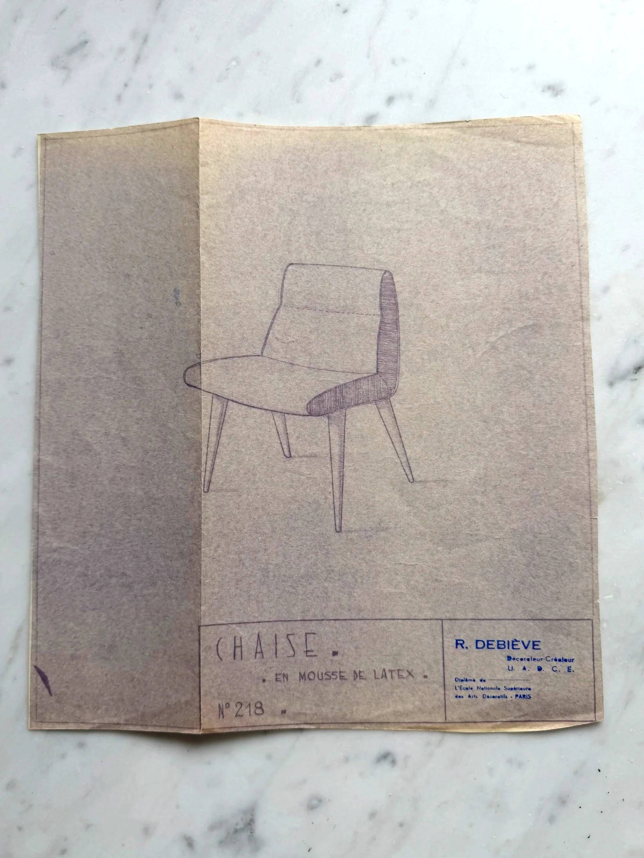 Set of six chairs by Robert DEBIEVE in wood and fabric, France 1950.