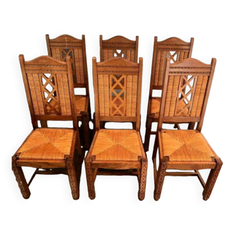 Set of 5 brutalist oak chairs in the style of Charles Dudouyt - 1940s