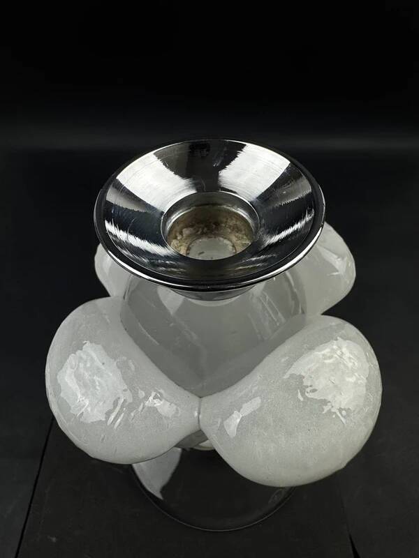 Daum France candle holder in frosted crystal and chrome-plated metal frame, height 15 cm