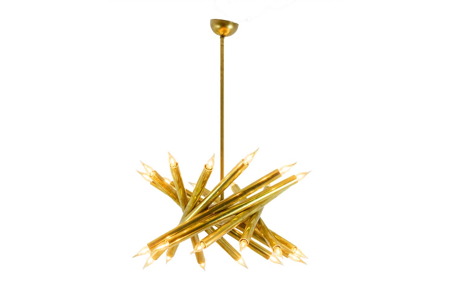 Pair of 24-light patinated brass chandeliers. 1980s.