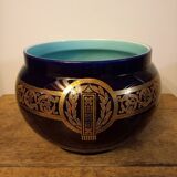 Cache-pot Sarreguemines ancien décor Empire bleu cobalt et or