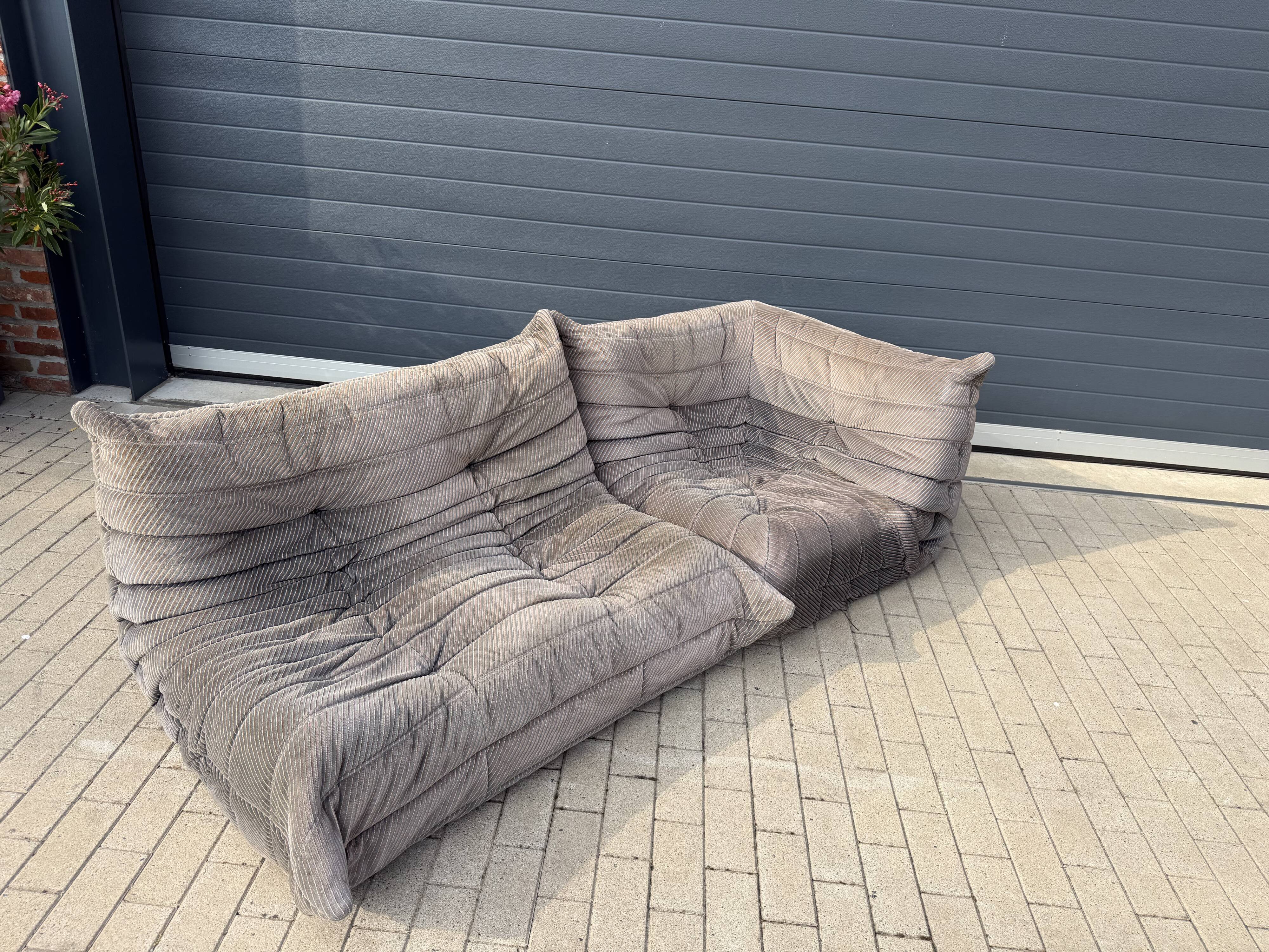 100% authentic Ligne Roset Togo 2-seater & corner diagonal striped fabric