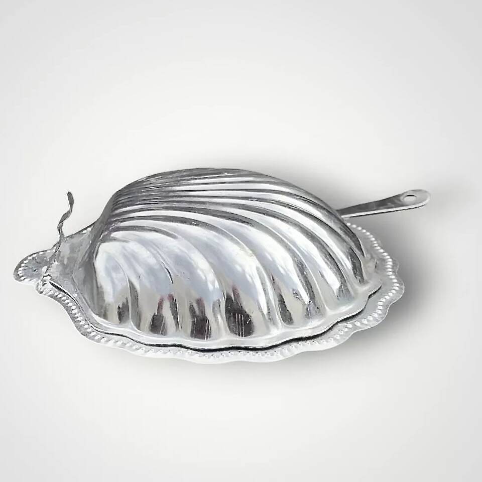 Vintage shell butter dish in stainless steel and cobalt blue glass with knife