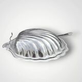 Vintage shell butter dish in stainless steel and cobalt blue glass with knife