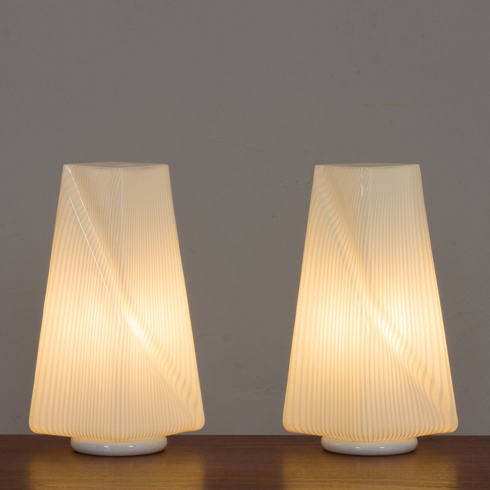 Pair of Italian striped Murano glass table lamps in style of Lino Tagliapie