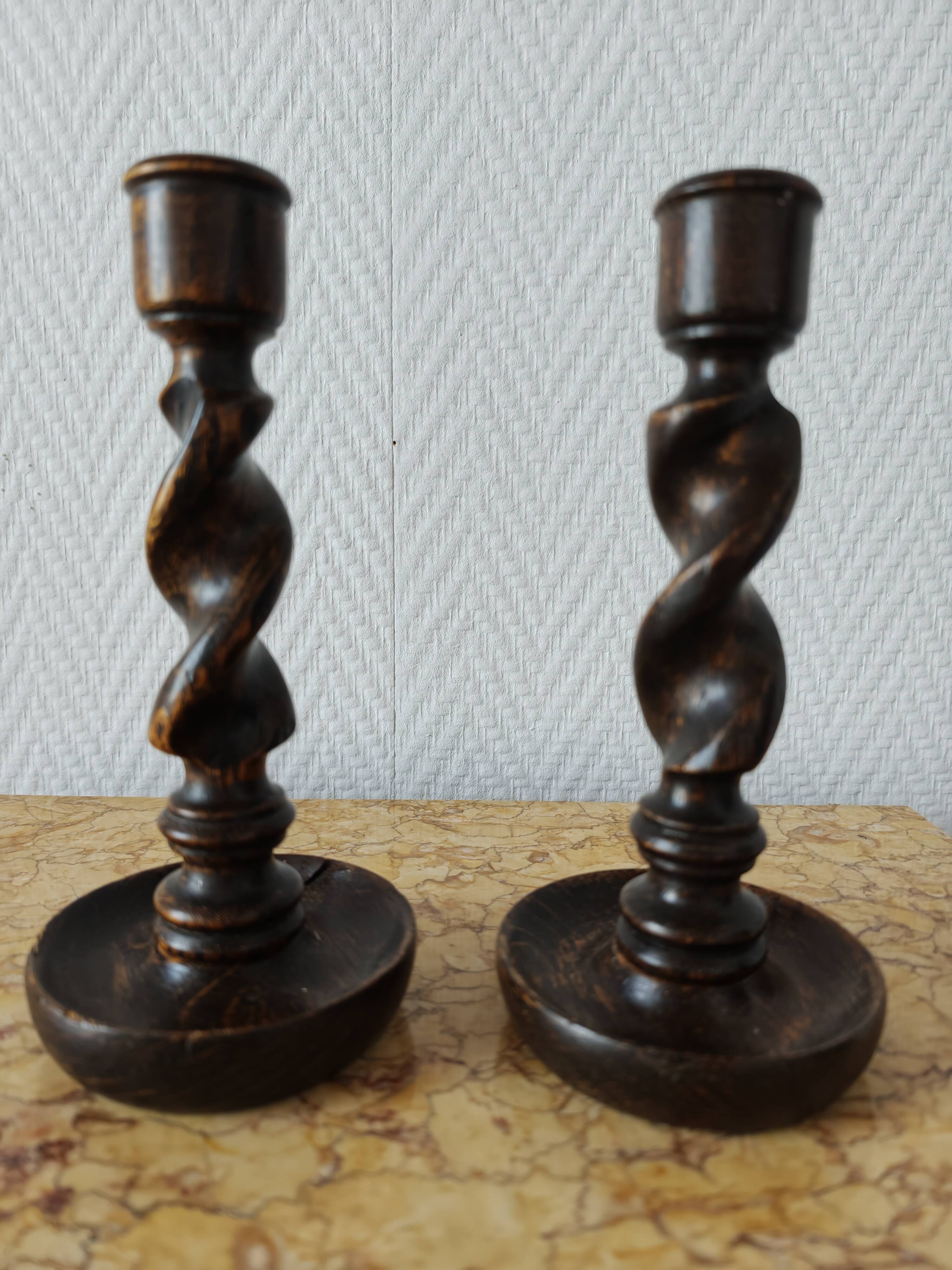Pair of twisted wood candlesticks (Barley twist)