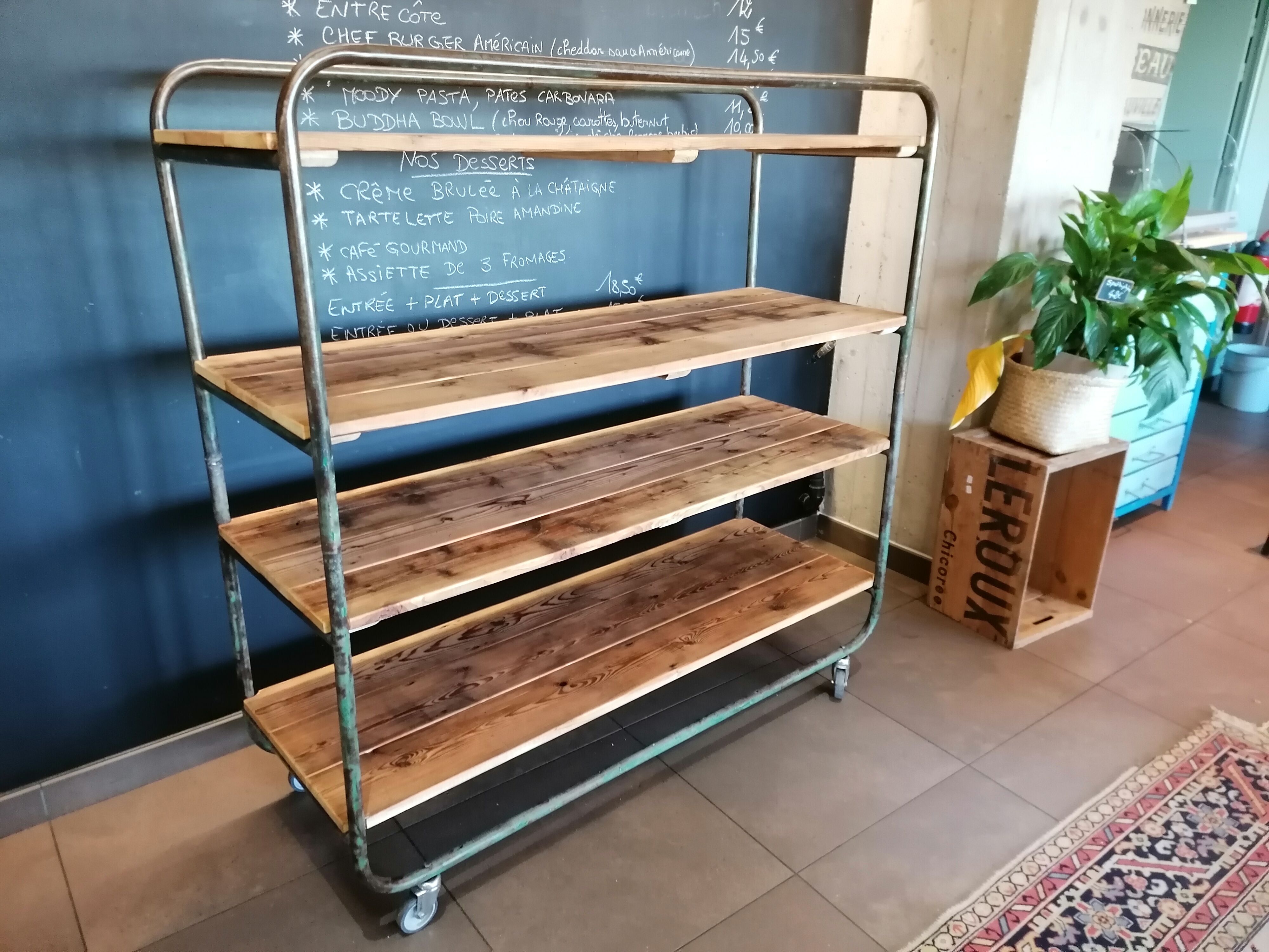 Steel and wooden shelf on wheels