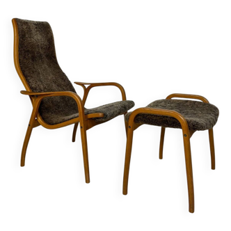 Fauteuil et ottoman suédois en peau de mouton Lamino par Yngve Ekström pour Swedese, années 1950