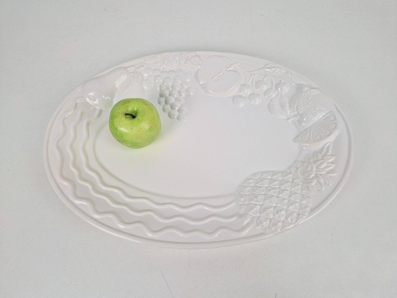 Vintage Large White Majolica Serving Bowl with Relief Fruits by A. Santos, Portugal, 1970s
