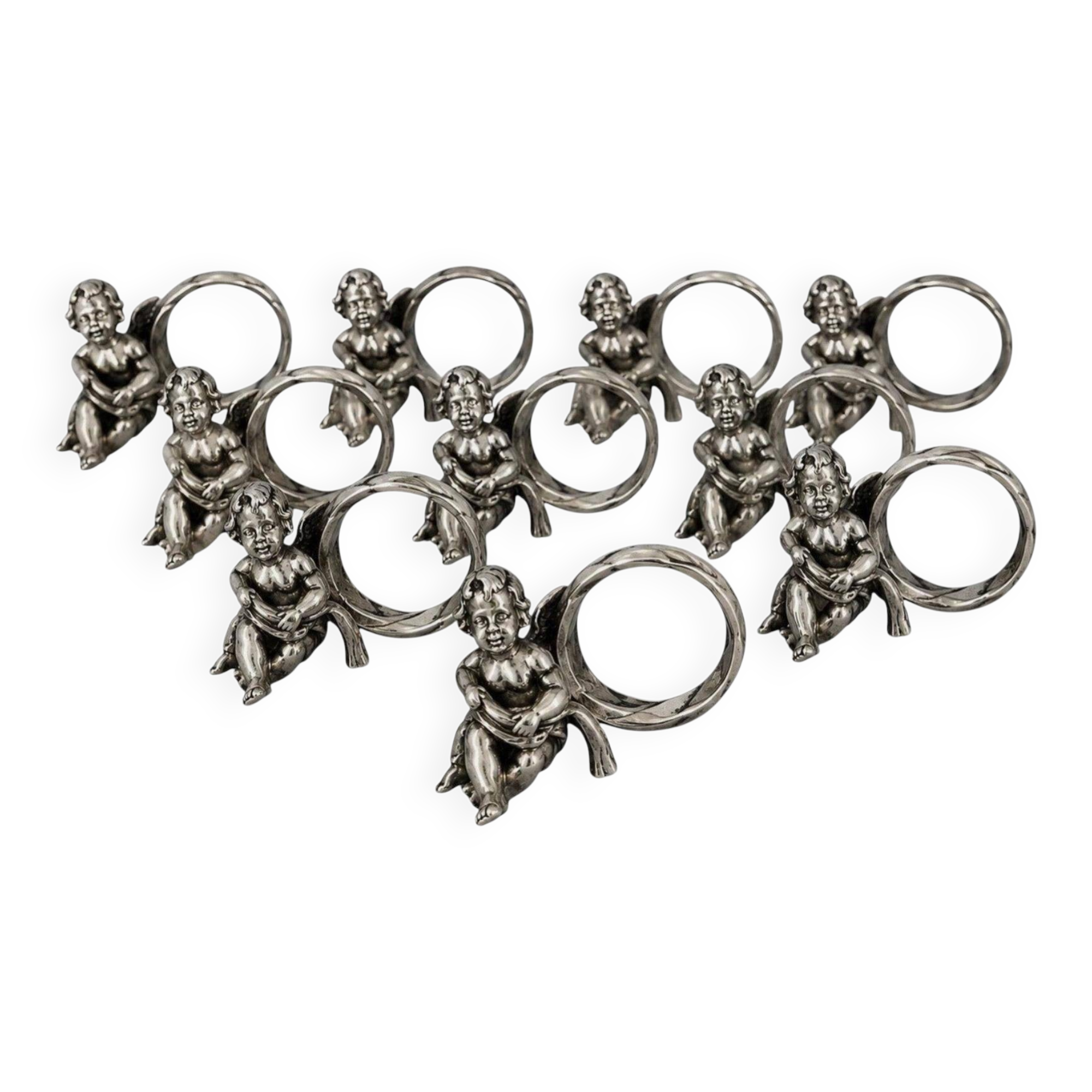 Set of 10 Silver-Plated Cherub Napkin Rings, Vintage Table Décor Putti Figurine