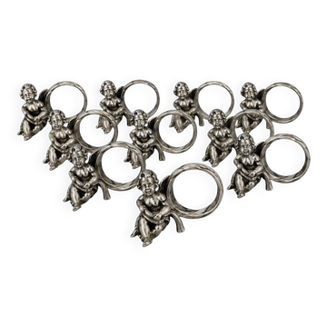 Ensemble de 10 porte-serviettes en argent massif avec chérubins, décor de table vintage figurine de putti