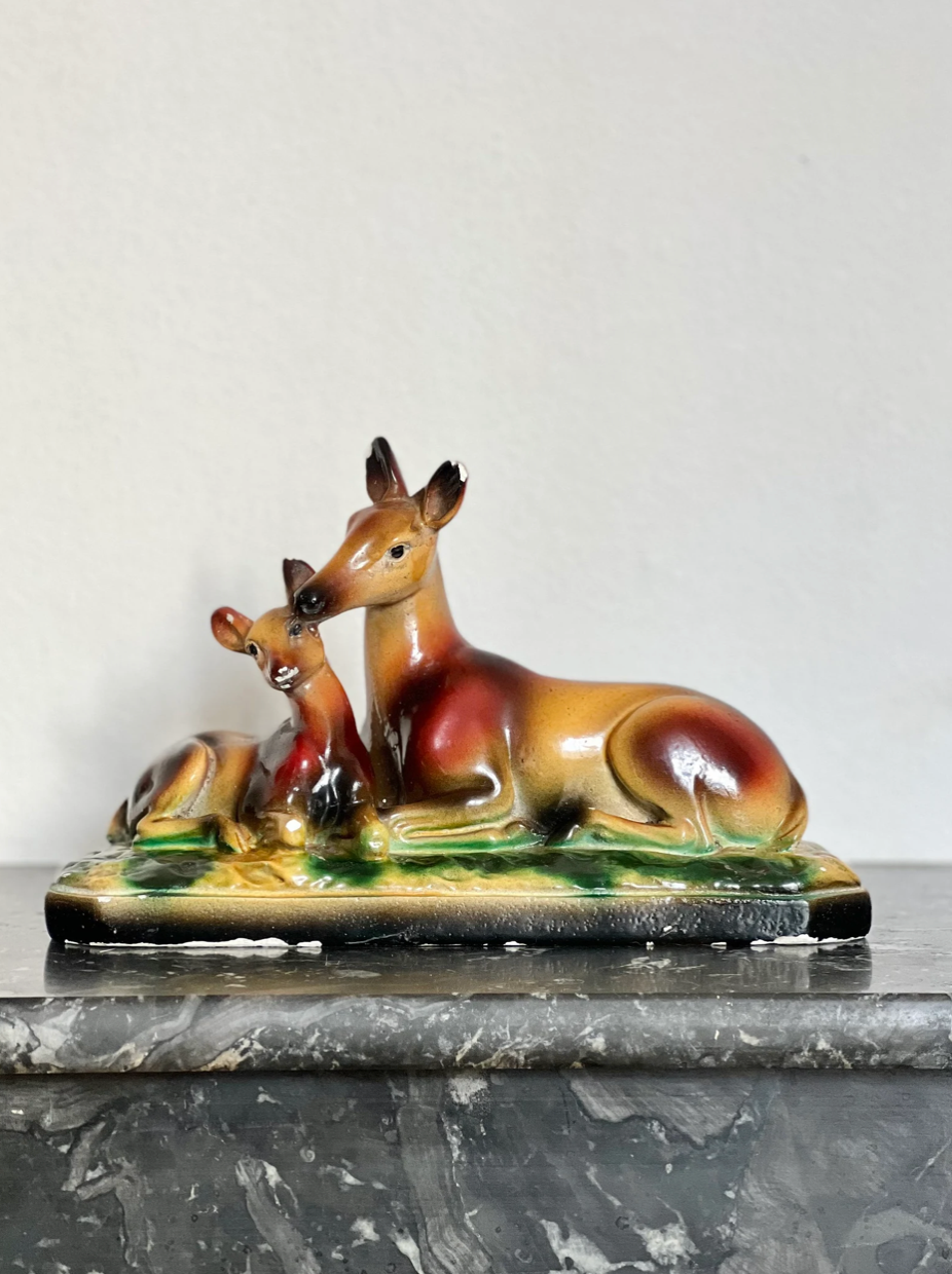 Vintage doe sculpture signed Angelo Biagoni - statue of doe and her fawn - plaster sculpture
