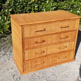 Chest of drawers 4 drawers in wood and wicker 70s vintage