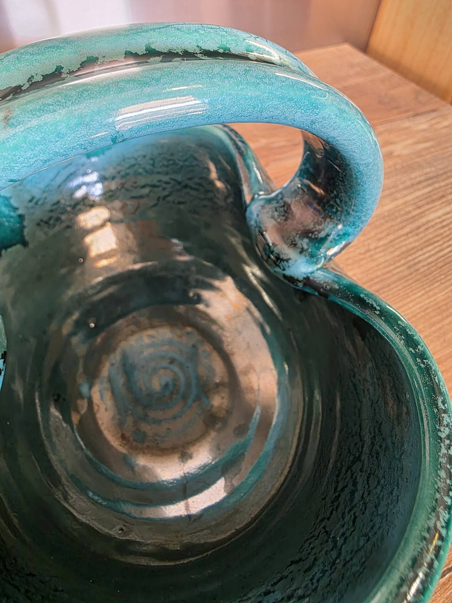 Vintage ceramic basket Accolay turquoise Signed Bull's Head X.C