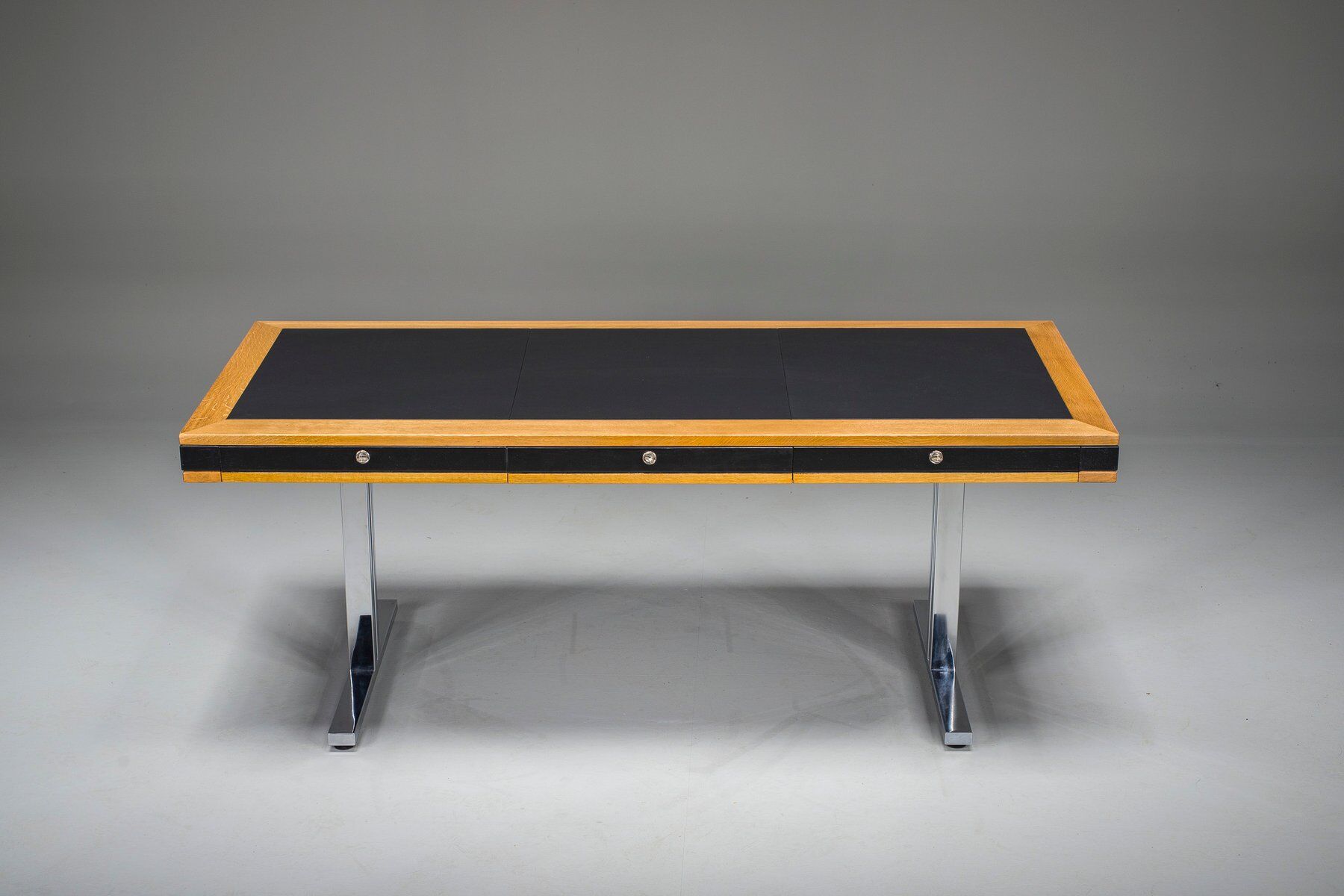 Mid-century modern oak and chrome desk with leather top, 1980s