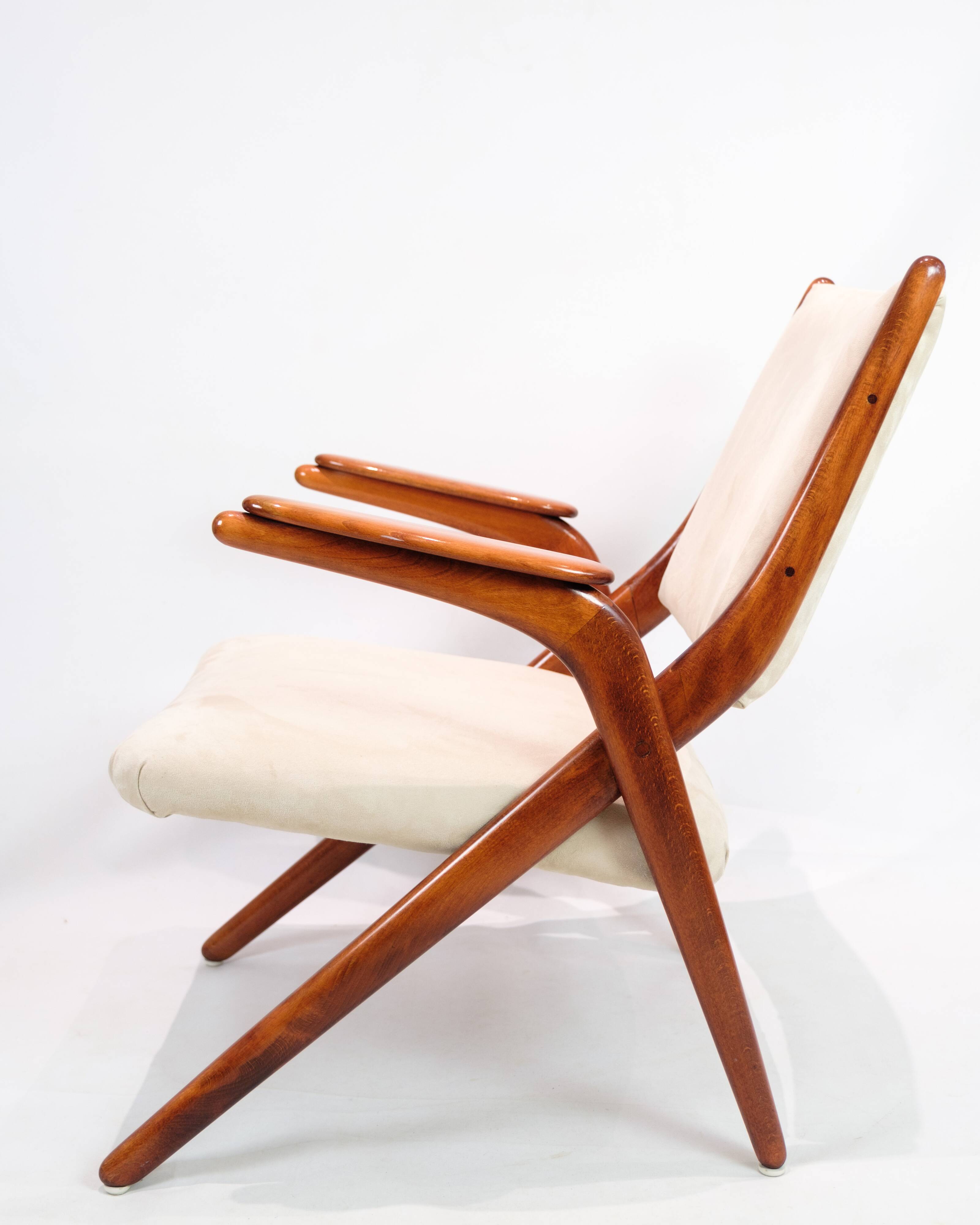 Armchair Made In Polished Dark Wood & Light Fabric By Arne Hovmand-Olsen From 1960s