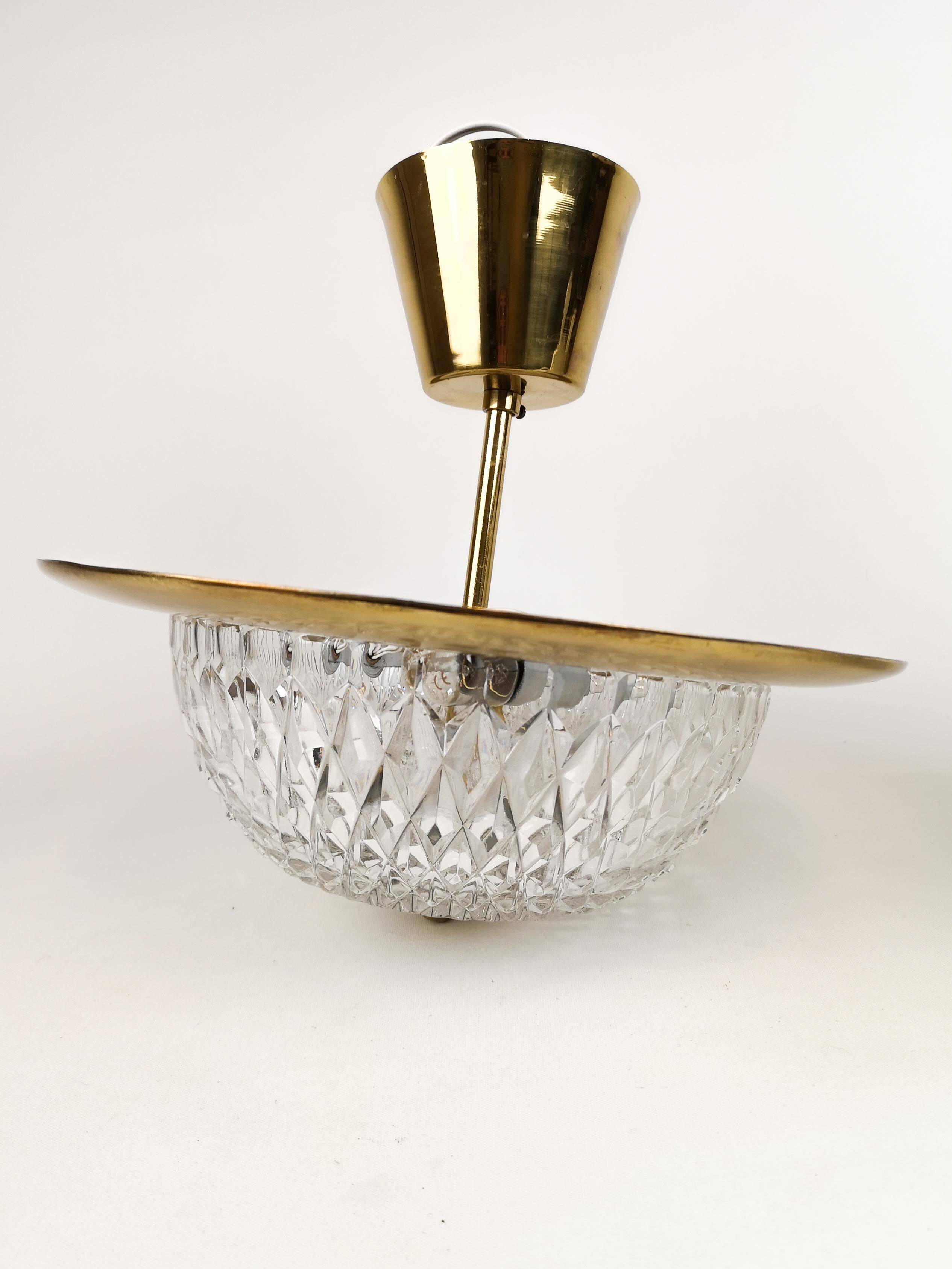 Brass and Crystal Ceiling Lamp from the 1960s by Tyringe for Orrefors, Sweden