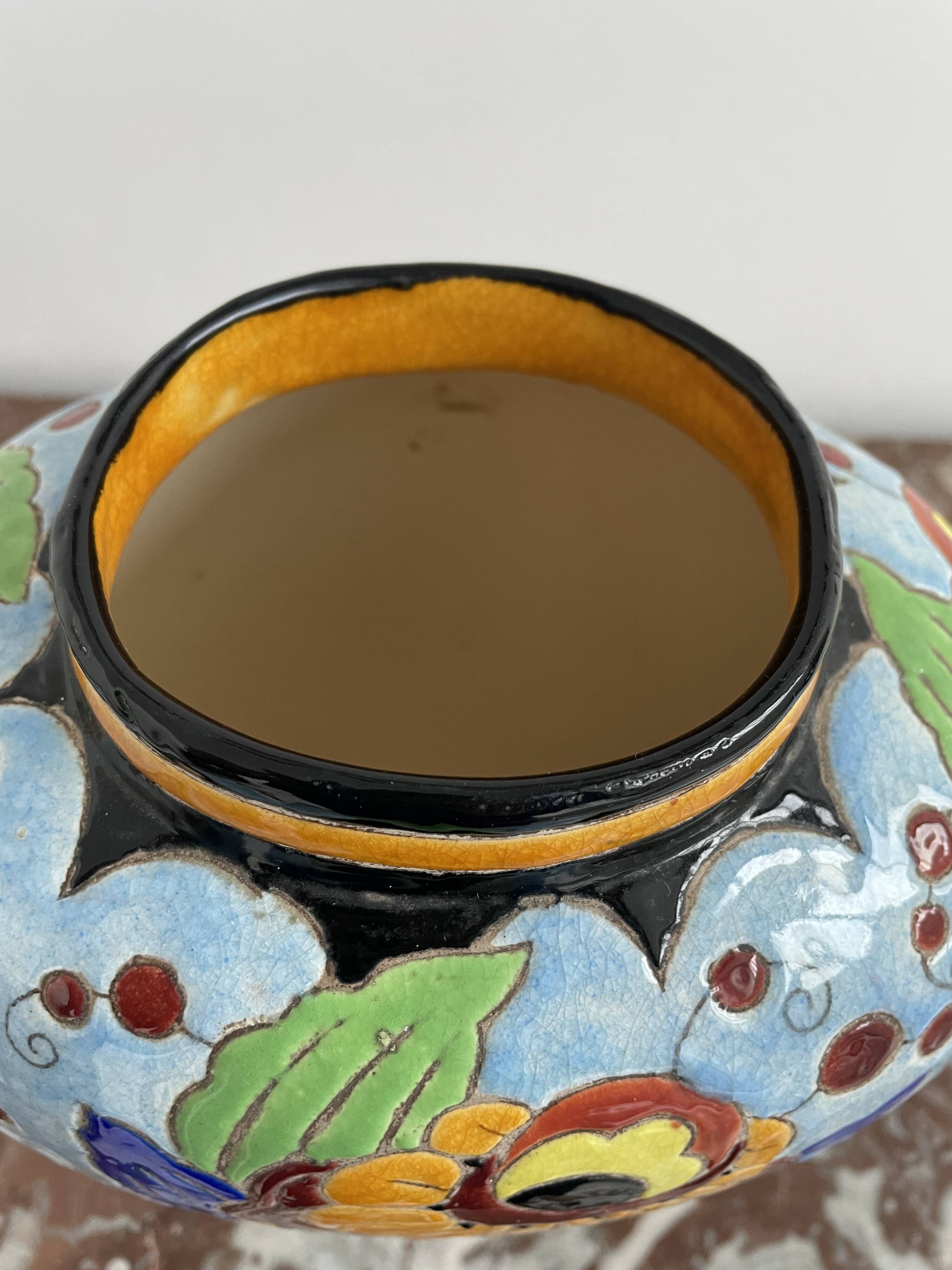 Ovoid vase, charles catteau, keramis, art deco period, fine earthenware, floral enamel decoration, vase col