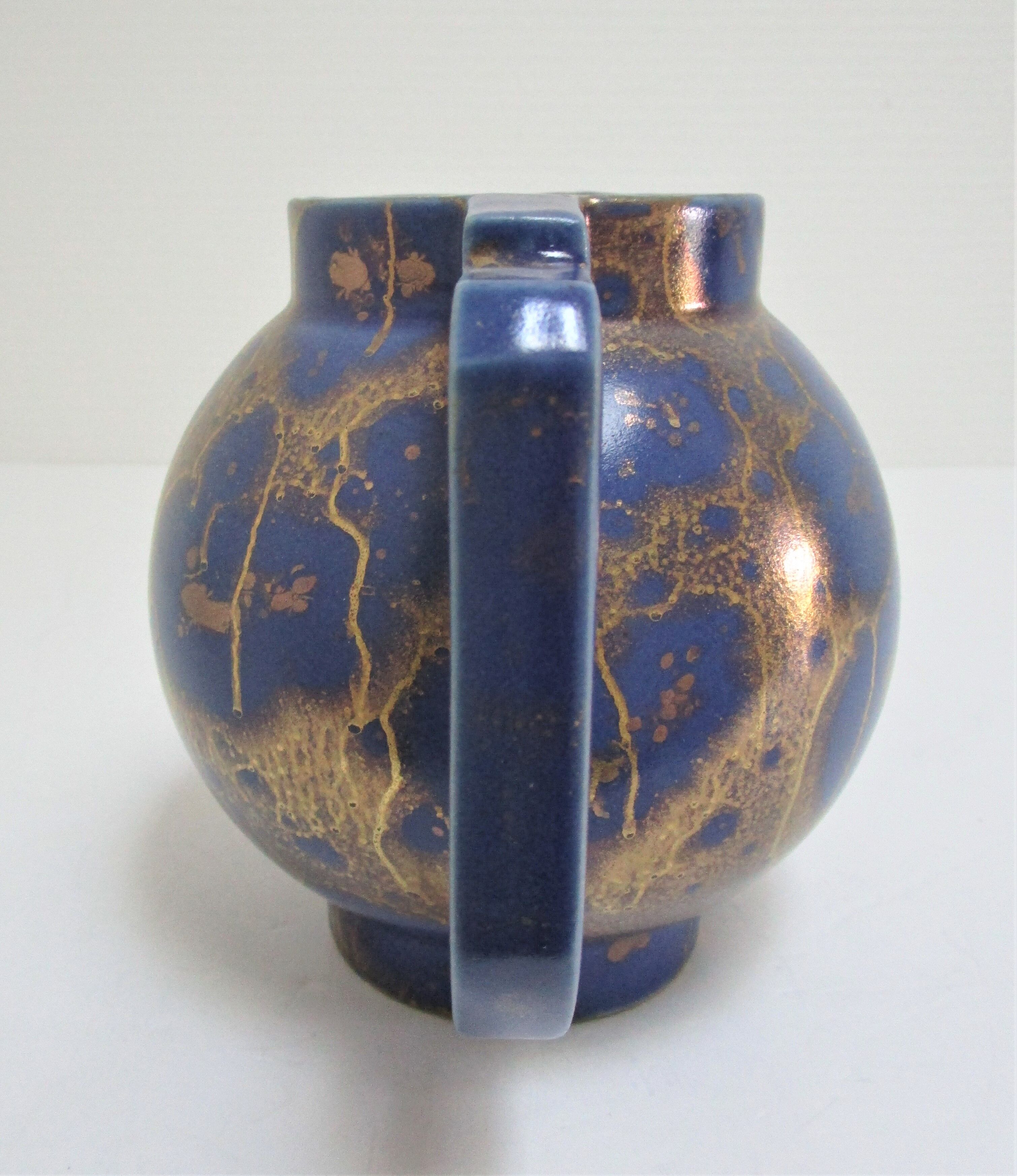 Art Deco ceramic pitcher enamel blue and gold by Lucien Brisdoux 1930s