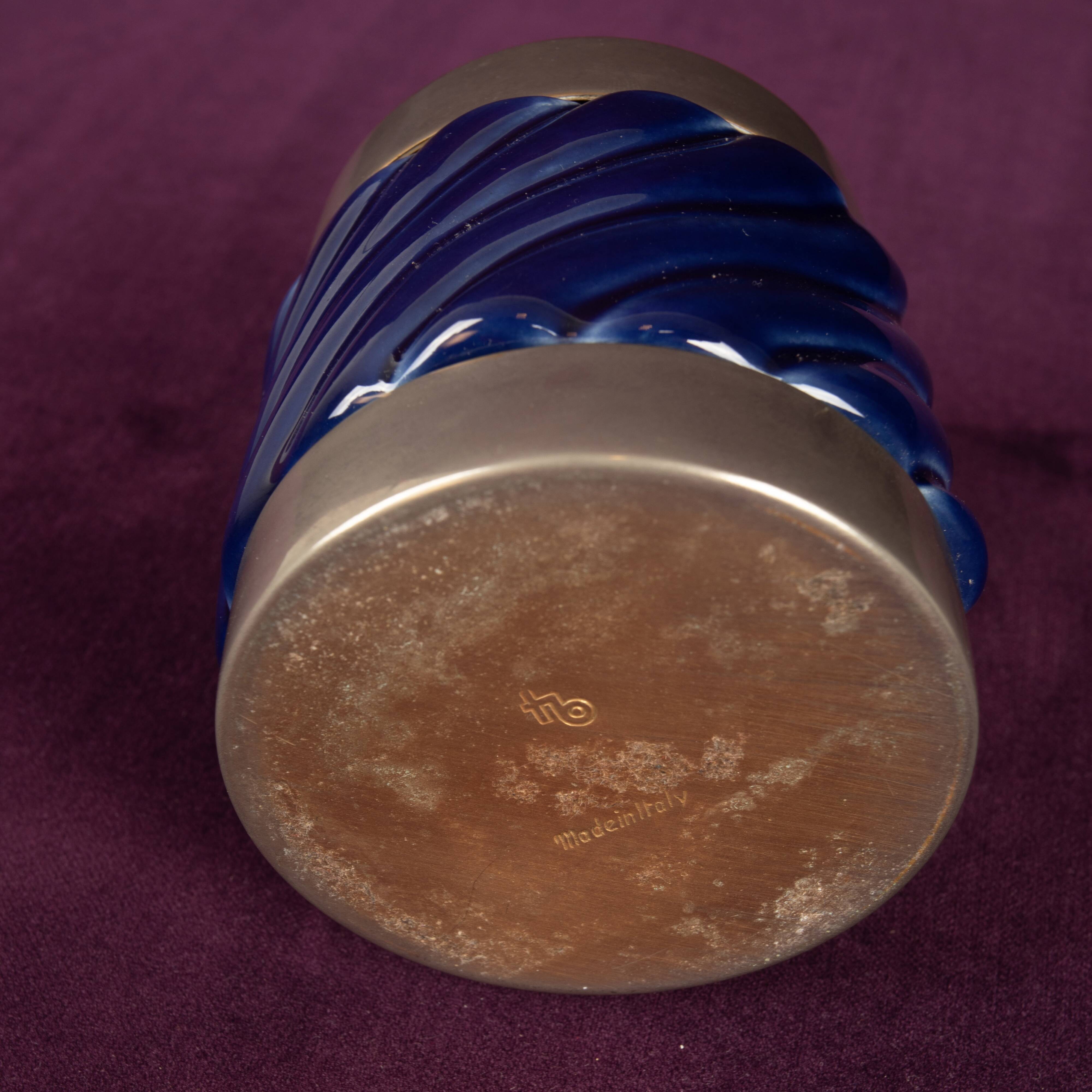 Tommaso Barbi Blue Glazed Ceramic and Brass-Toned Metal Table Lighter, 1970