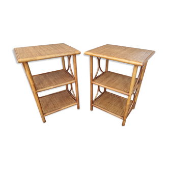 Set of 2 high bedside tables 3 vintage shelves in honey colored rattan