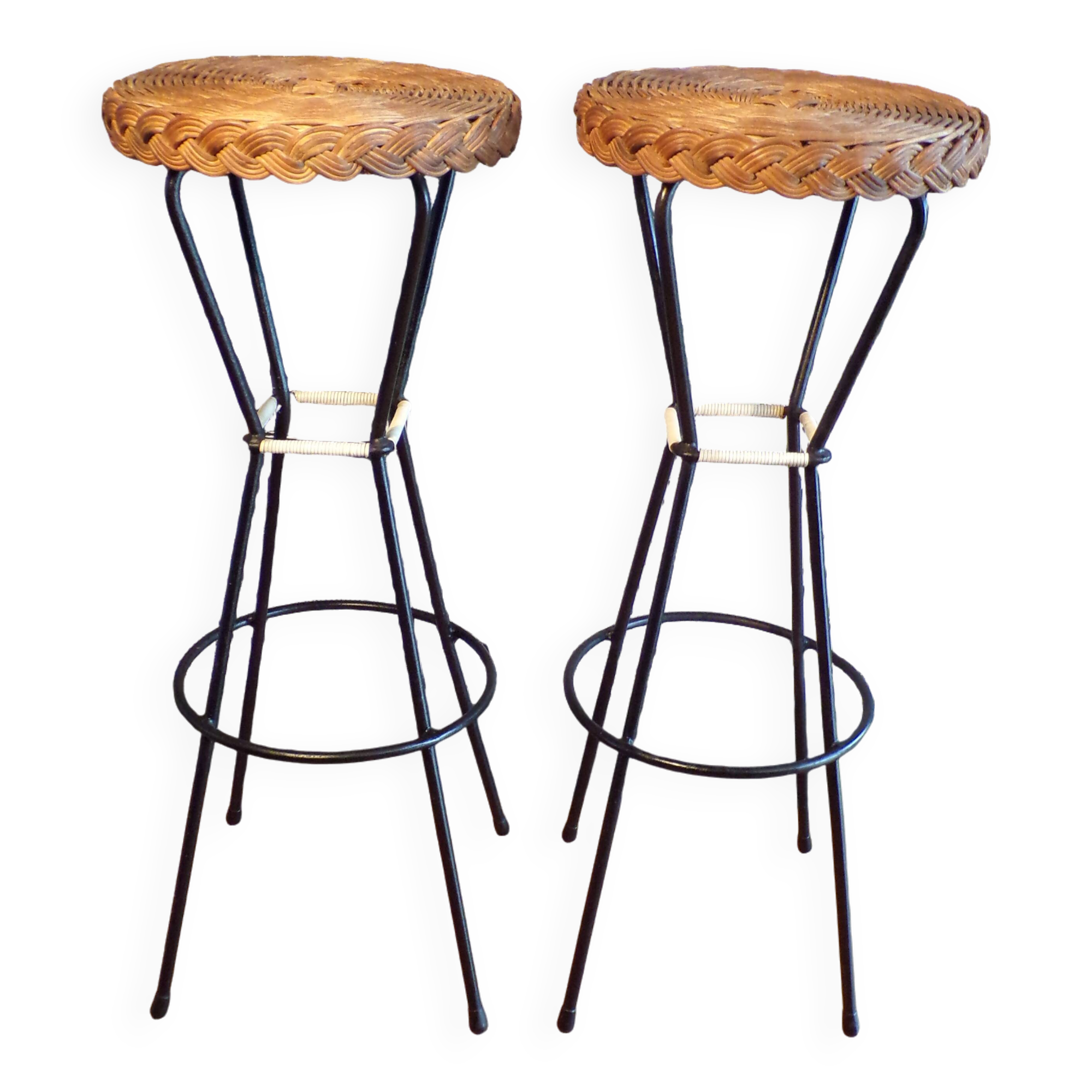 Pair of 1950s iron and rattan bar stools