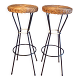 Pair of 1950s iron and rattan bar stools