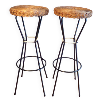 Pair of 1950s iron and rattan bar stools