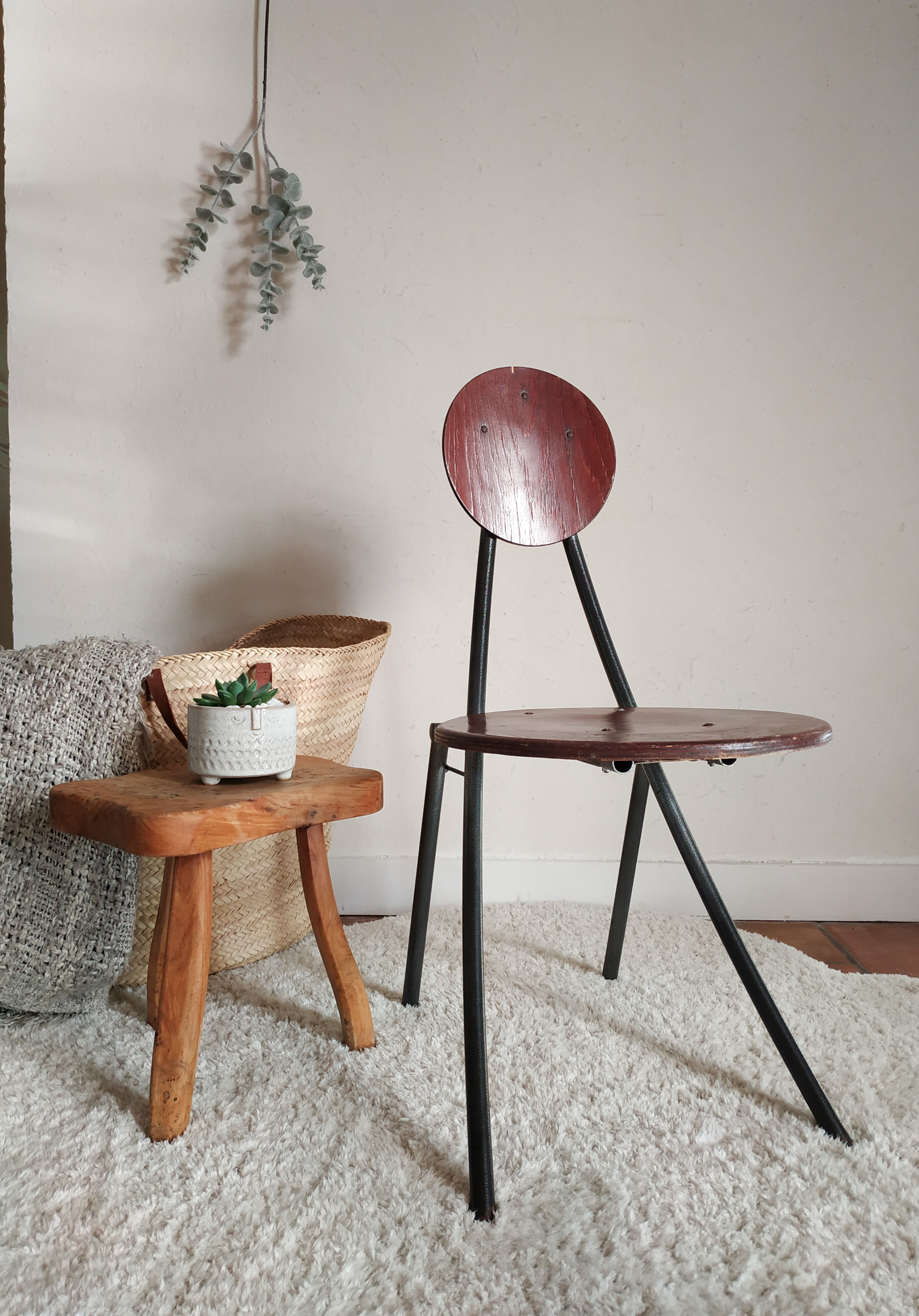Old wooden chair and seated metal and round back