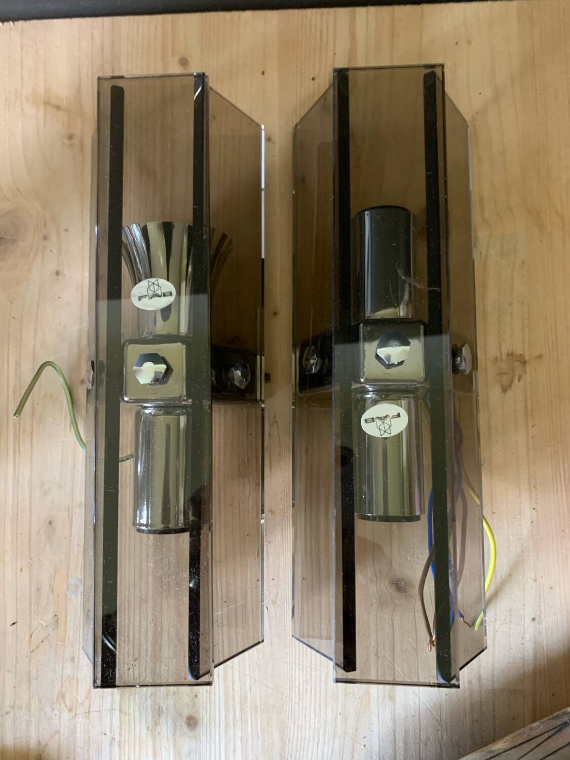 Pair of 70s smoked glass wall lights