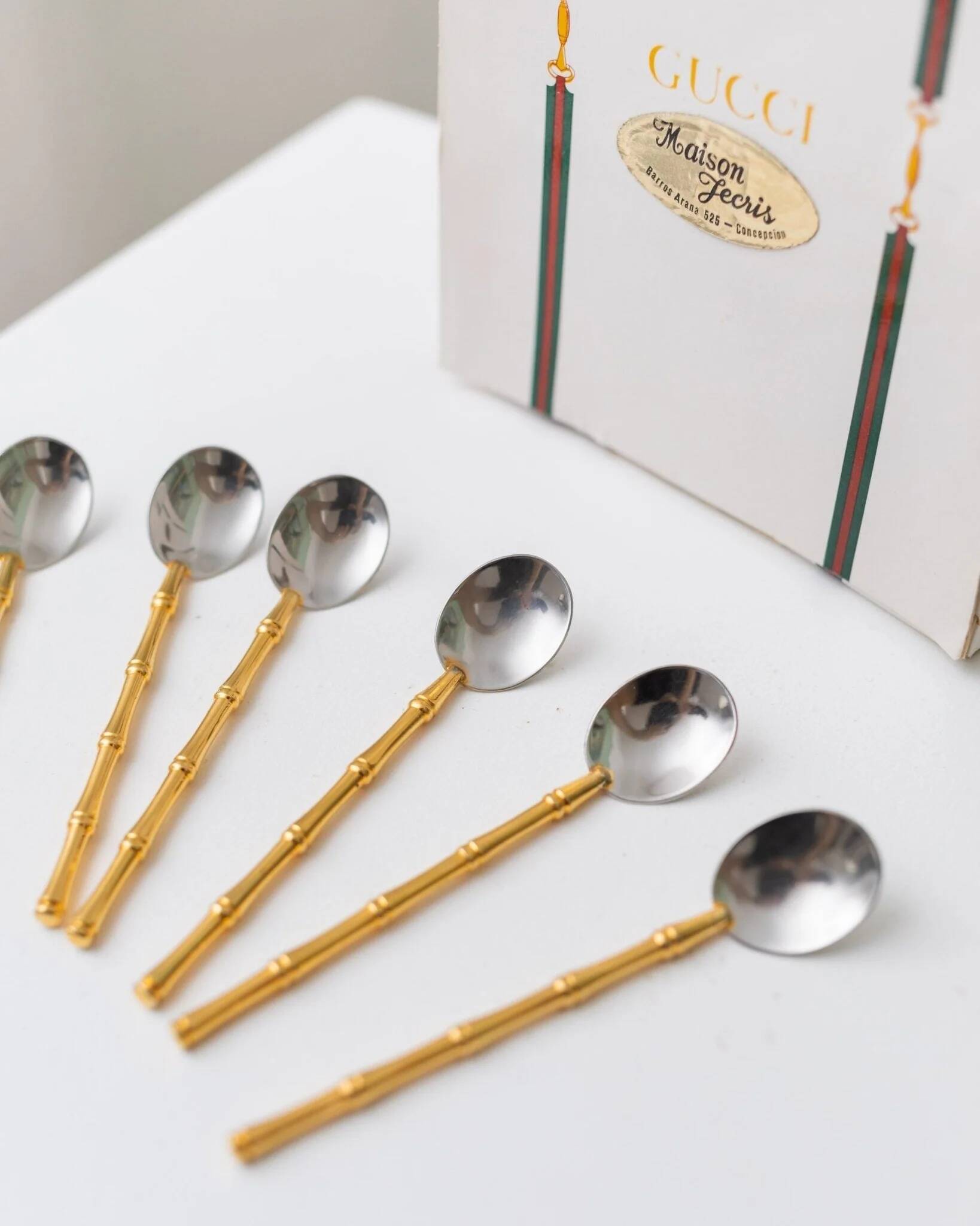 Two-Tone Gucci Bamboo Spoons Set - Gold-Plated Handles, Silver Bowls, Vintage 1970s Mid-Century Design