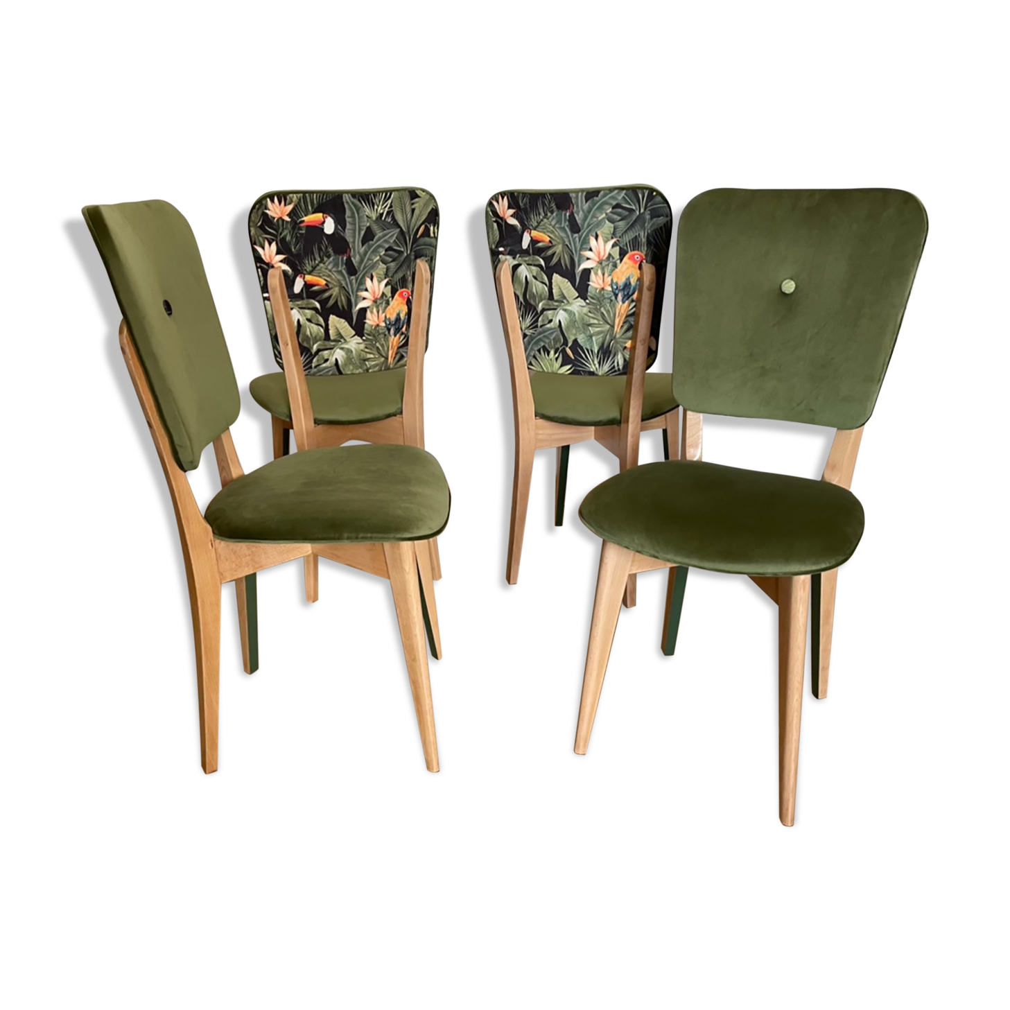 Chairs year 50/60, restored in green velvet and jungle parrot