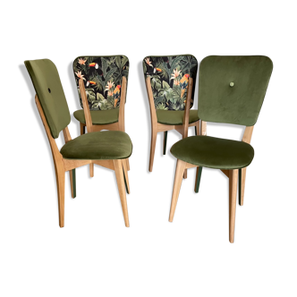 Chaises année 50/60, restaurées en velours vert et jungle perroquet