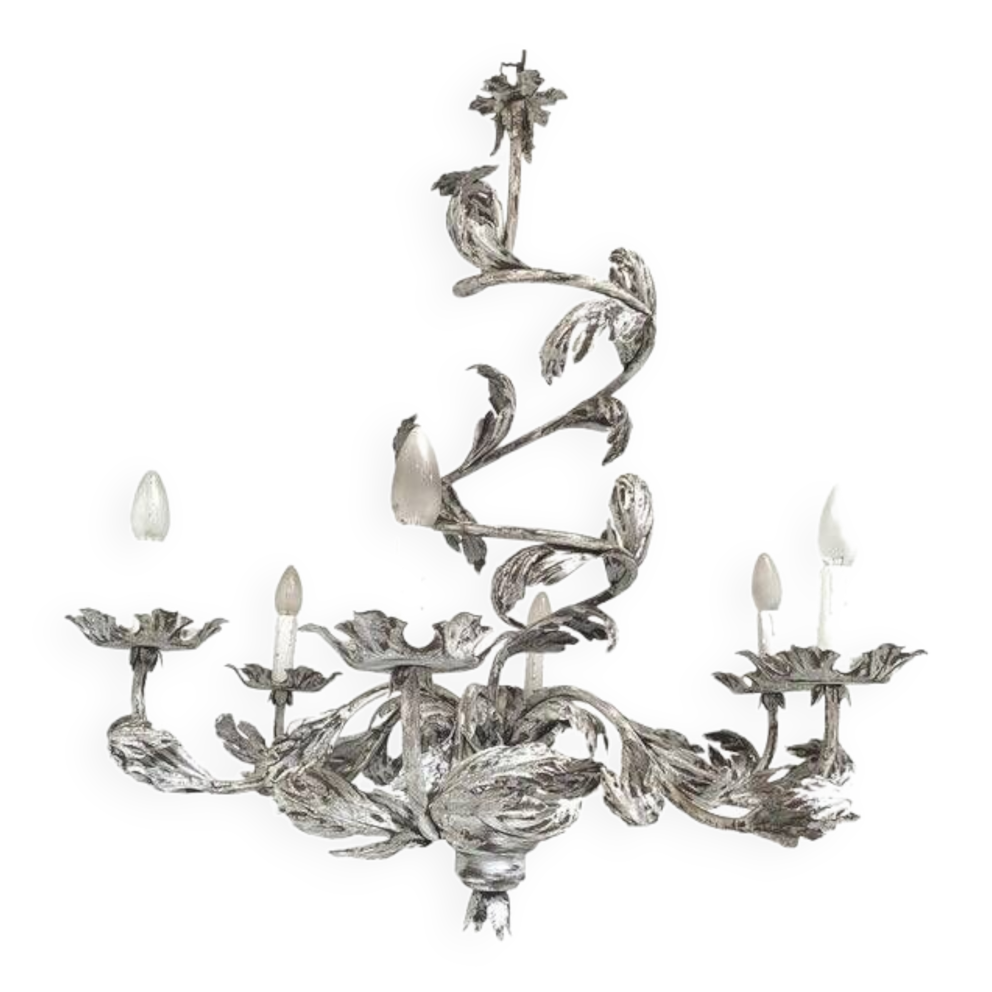 Contemporary brunish-clay florentine wrought iron leafs chandelier
