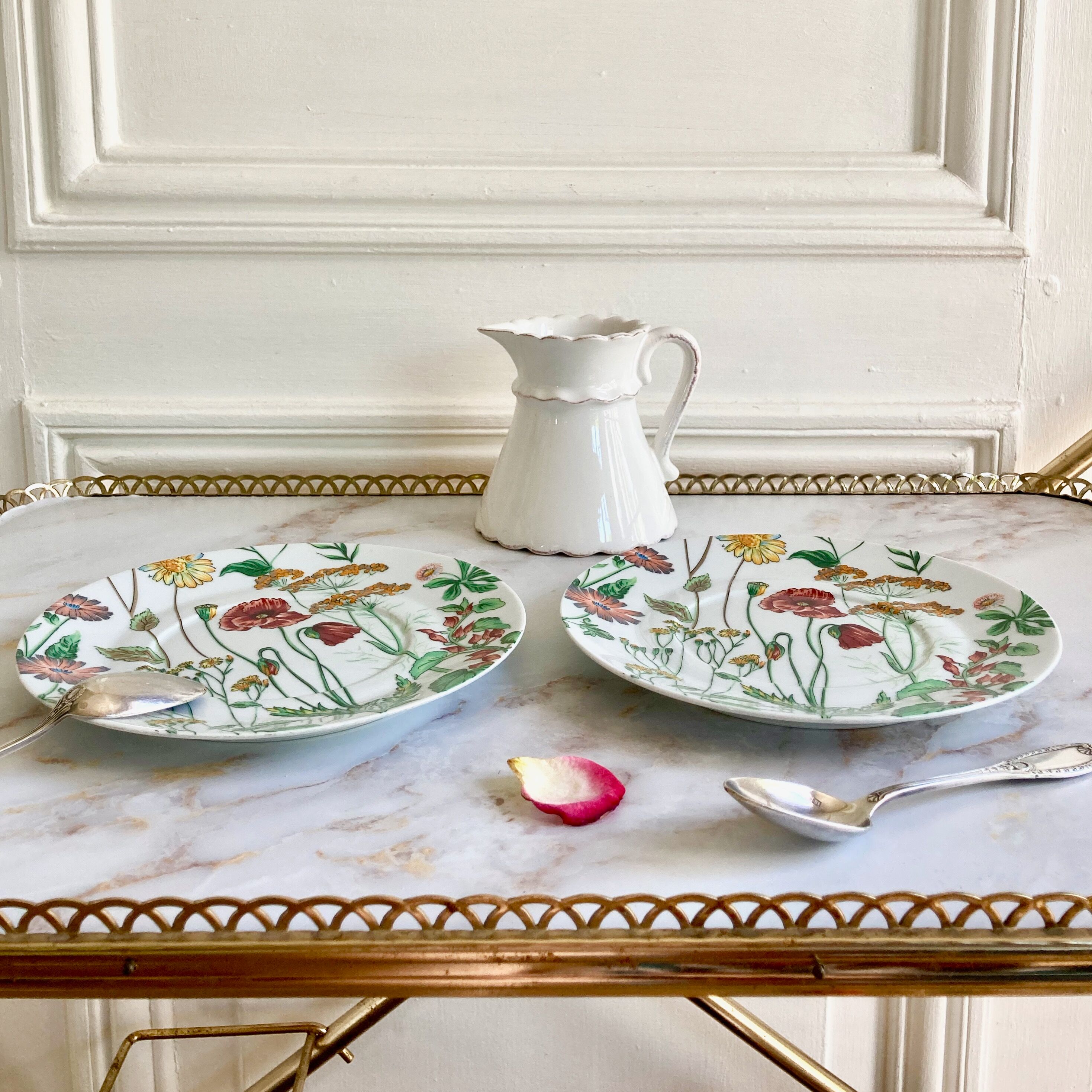 Two English dessert plates with flowers