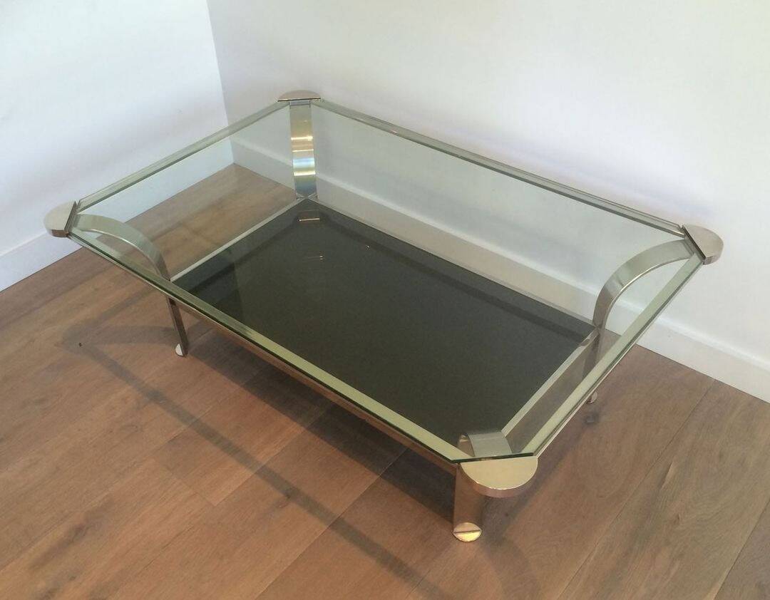 Table basse en chrome à double plateau en verre