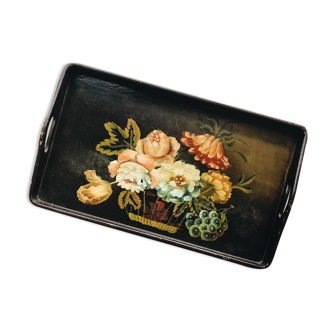 Plateau en bois avec bouquet de fleurs peintes