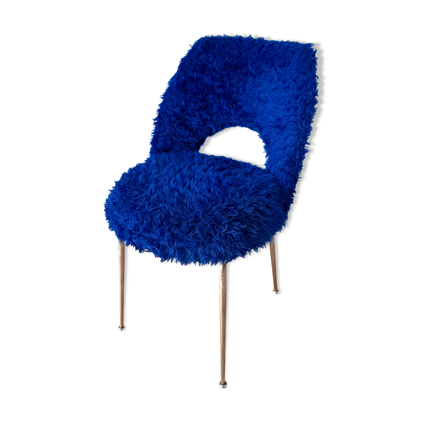 Chair in royal blue moumoute and brass legs 60s