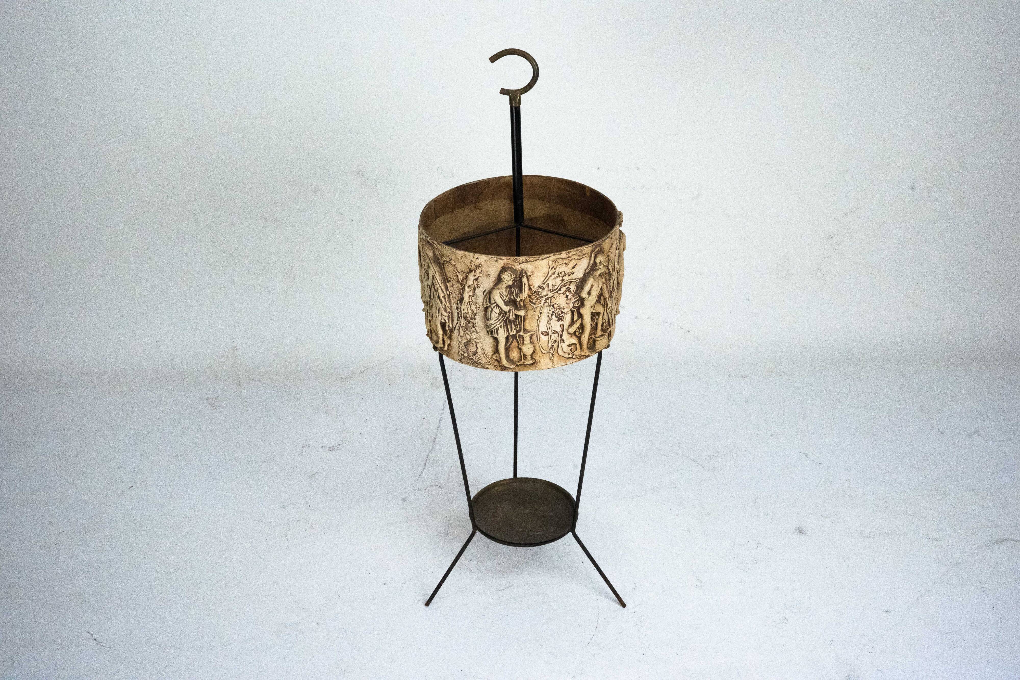 Mid-Century Umbrella Stand in Iron and Brass with Neoclassical Relief, Ital