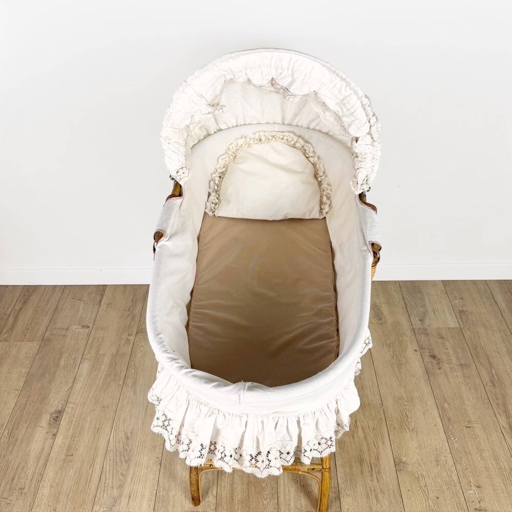 Bamboo bassinet on a stand, bohemian 1970s.