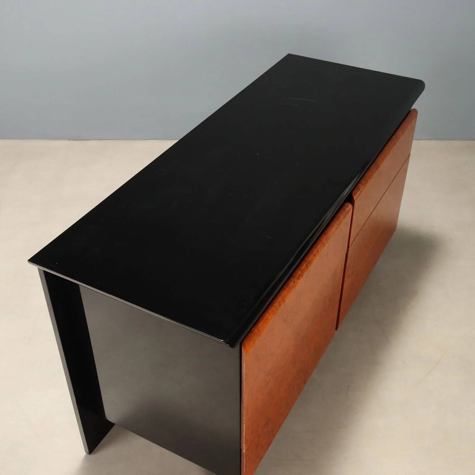 1980s lacquered wood and burl commode